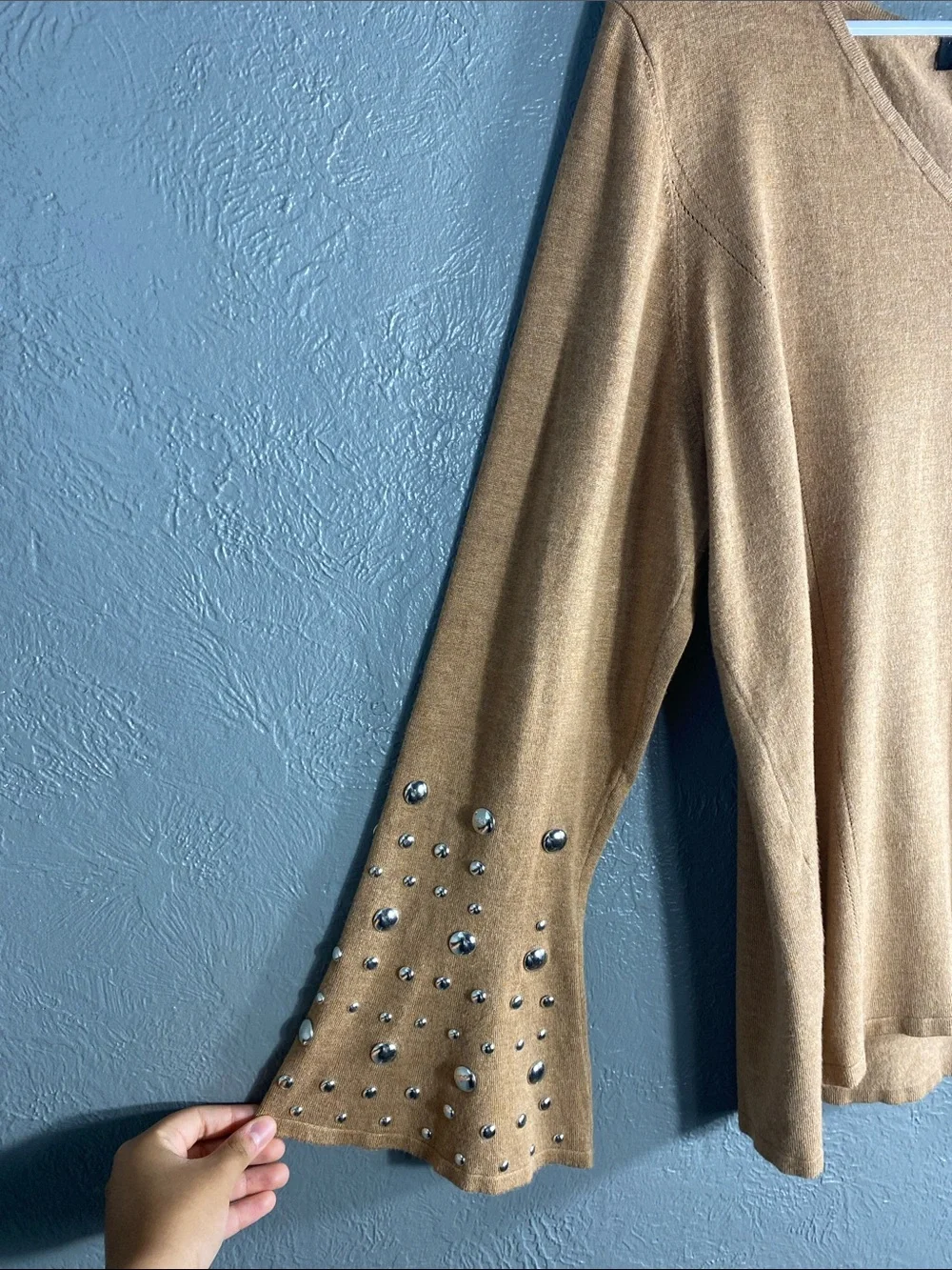 INC International Concepts Sweater Womens XXL Tan Embellished Bell Sleeve V Neck